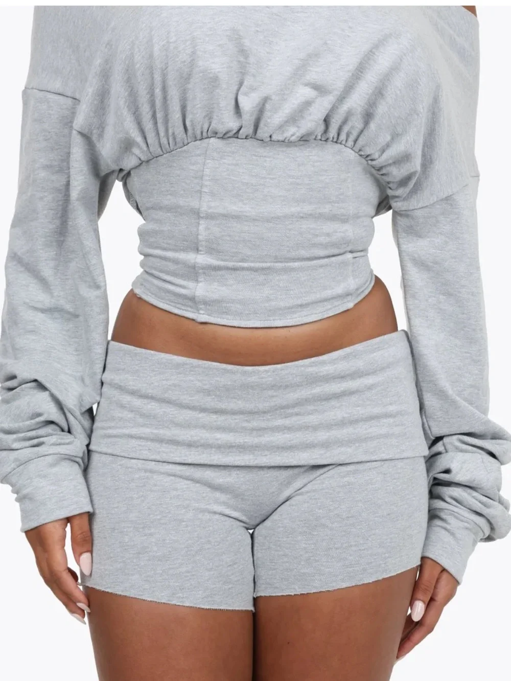 Heather Gray Lace-Up Cropped Hoodie & Shorts Set (Never Worn) - Picture 2 of 3